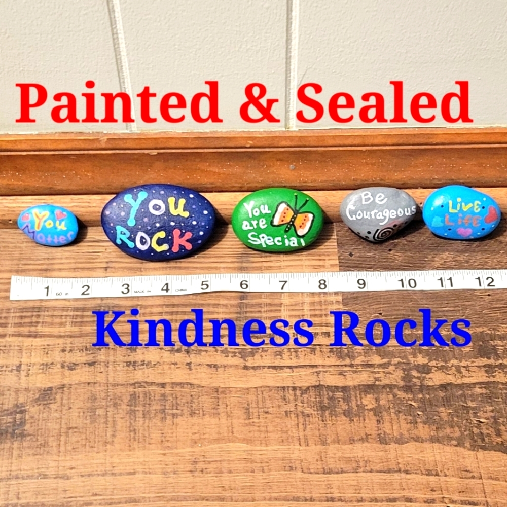 60's & 70's style colorful hand painted & sealed "Kindness' rocks. (Set of 5)